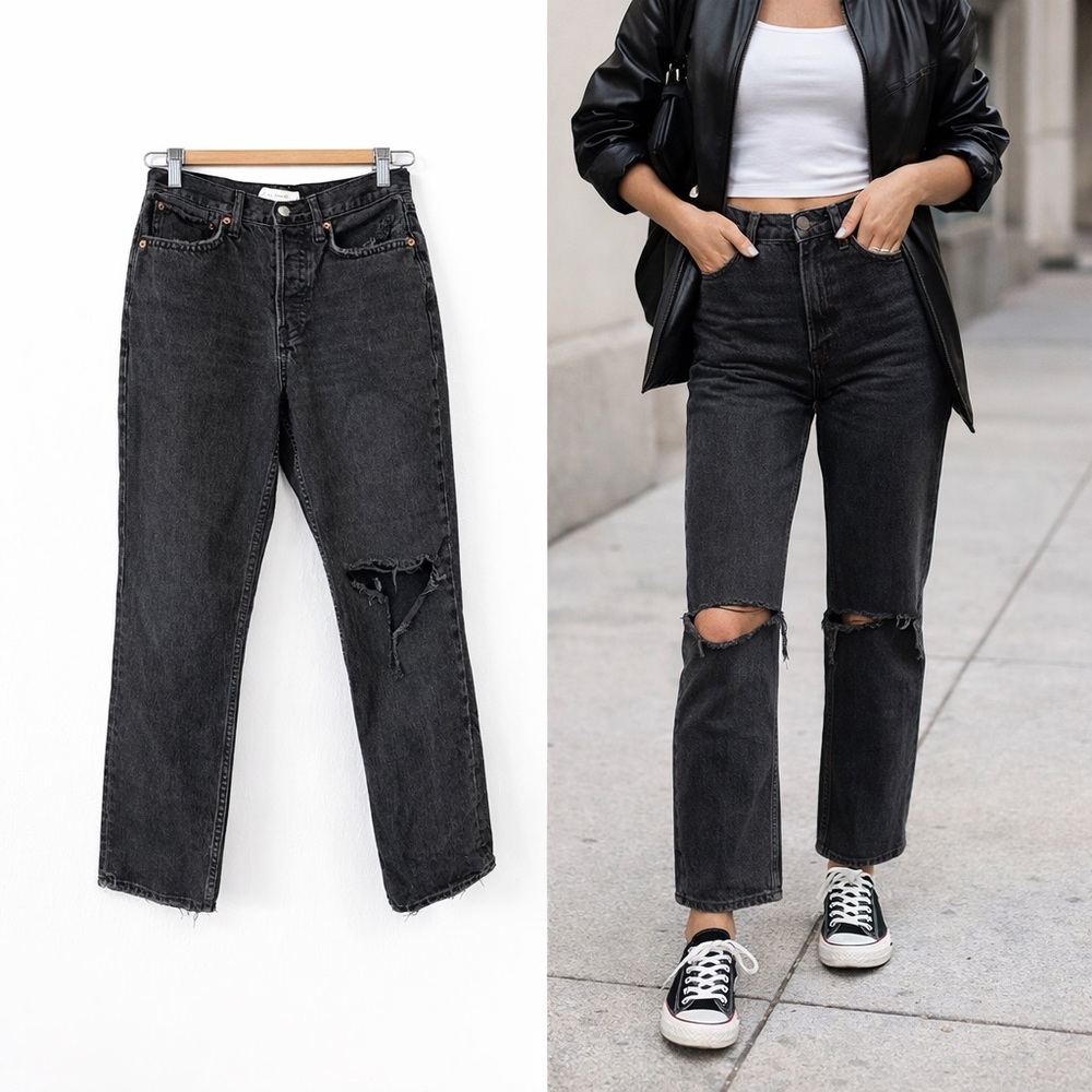 Topshop Dad Jeans Black Distressed High Rise Petite 28 Straight Leg‎